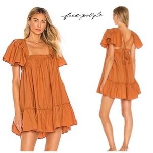 Free People Imogene‎ Dress Terra Cotta Ruffle Mini Short Sleeve Square Neck (M)